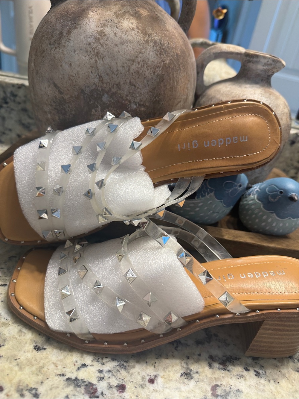 Madden Girl White Studded Clear-Strap Slide Mules